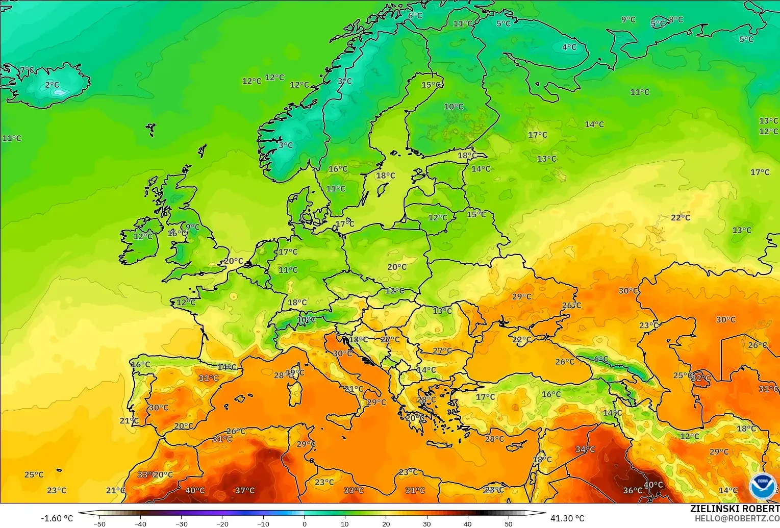 GFS modelo - Europe, Temperature at 2m