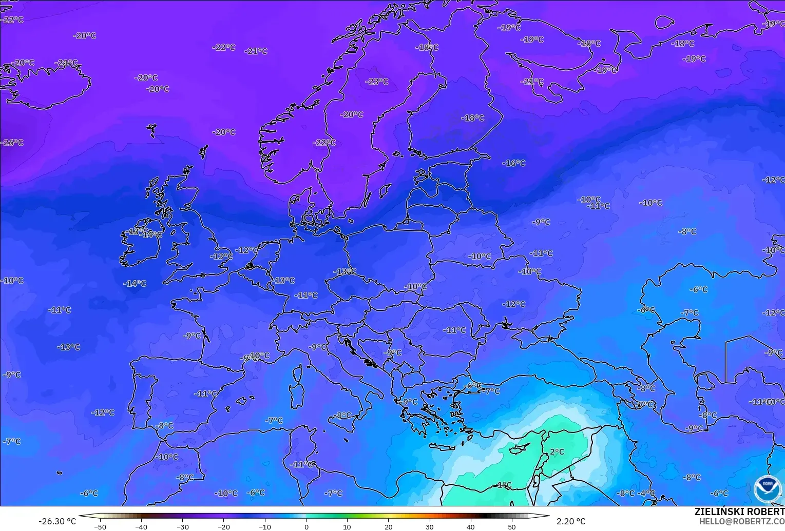 GFS modelo - Europe, Temperature at 500hPa