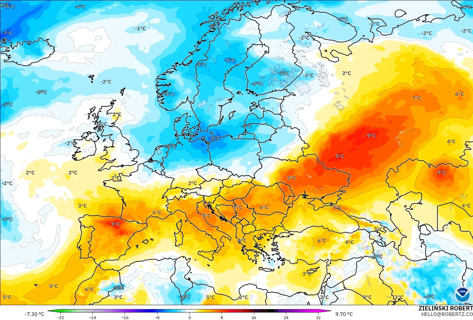 GFS modelo - Europe, Temperature at 850hPa Anomaly