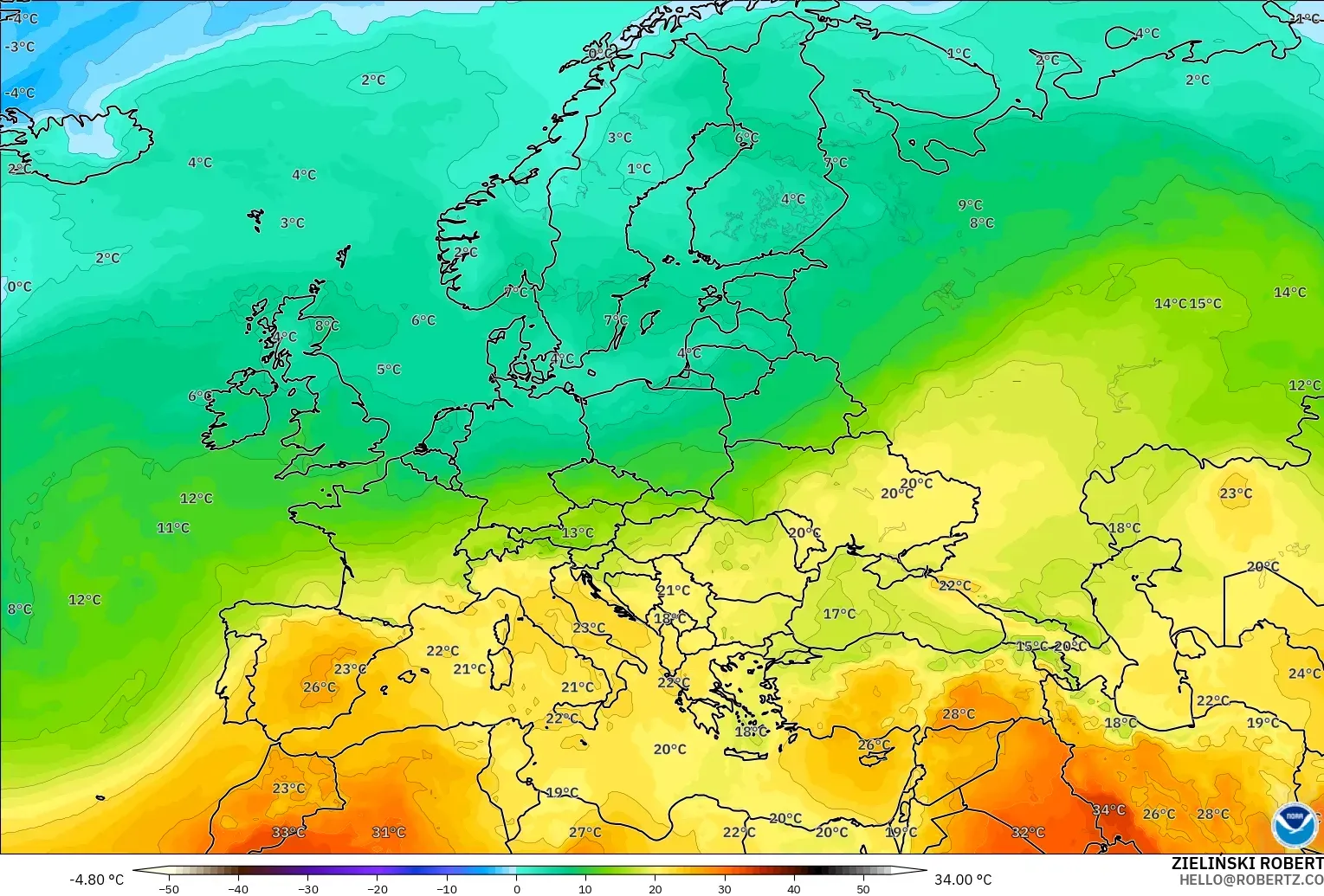 GFS modelo - Europe, Temperature at 850hPa