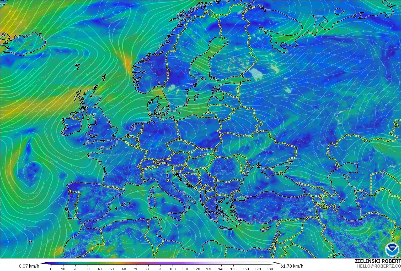 GFS modelo - Europe, Wind at 10m
