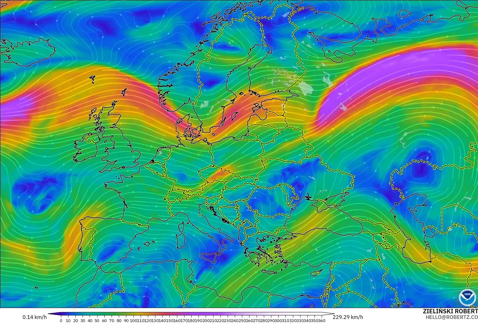 GFS modelo - Europe, Wind at 300hPa (jet stream)