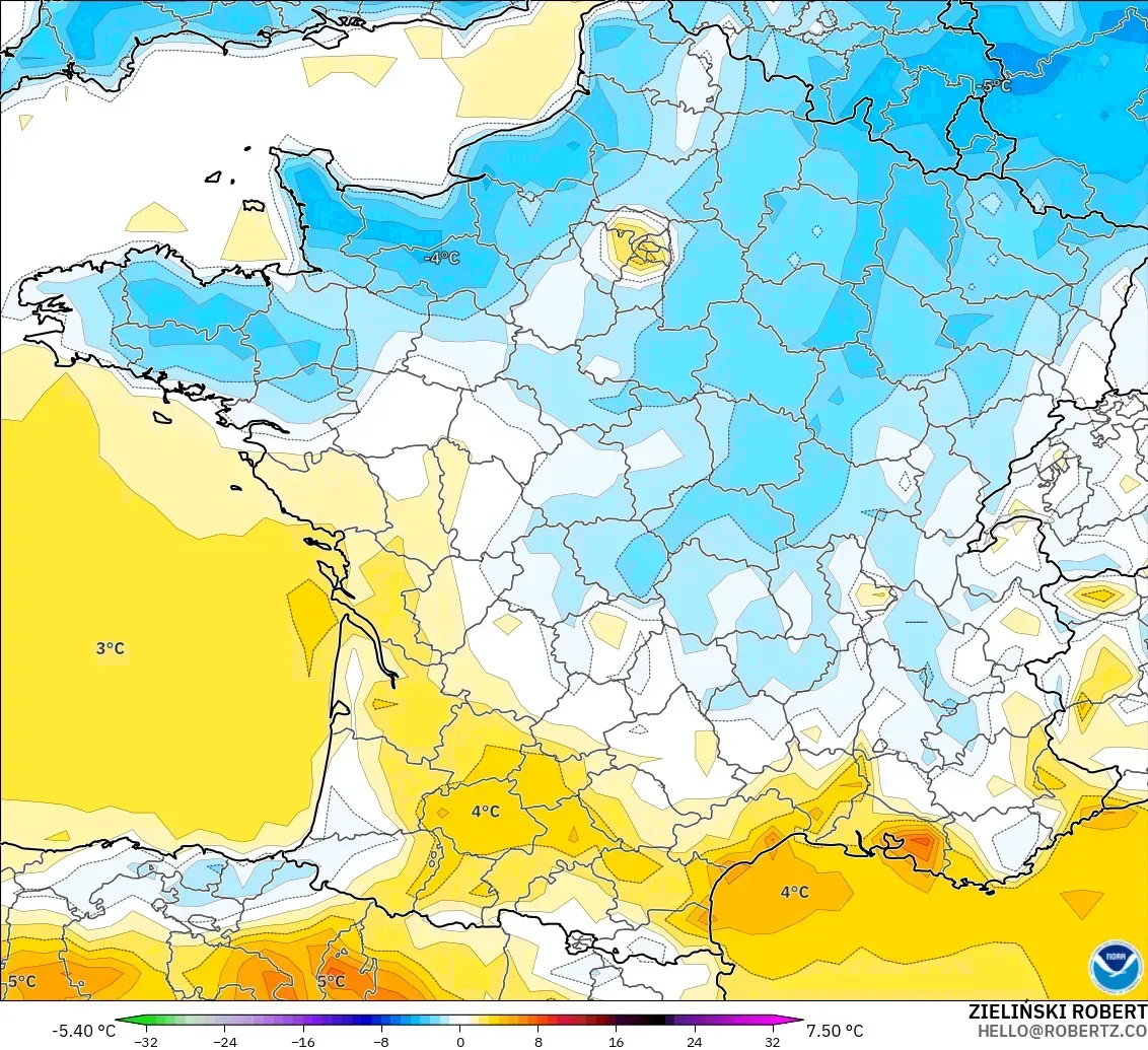 GFS modelo - France, Temperature at 2m Anomaly