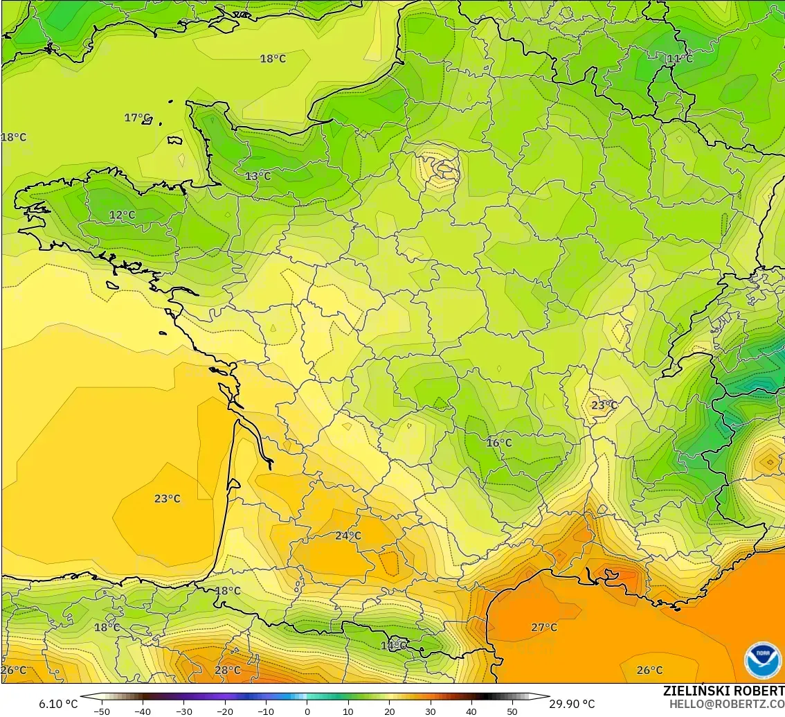 GFS modelo - France, Temperature at 2m