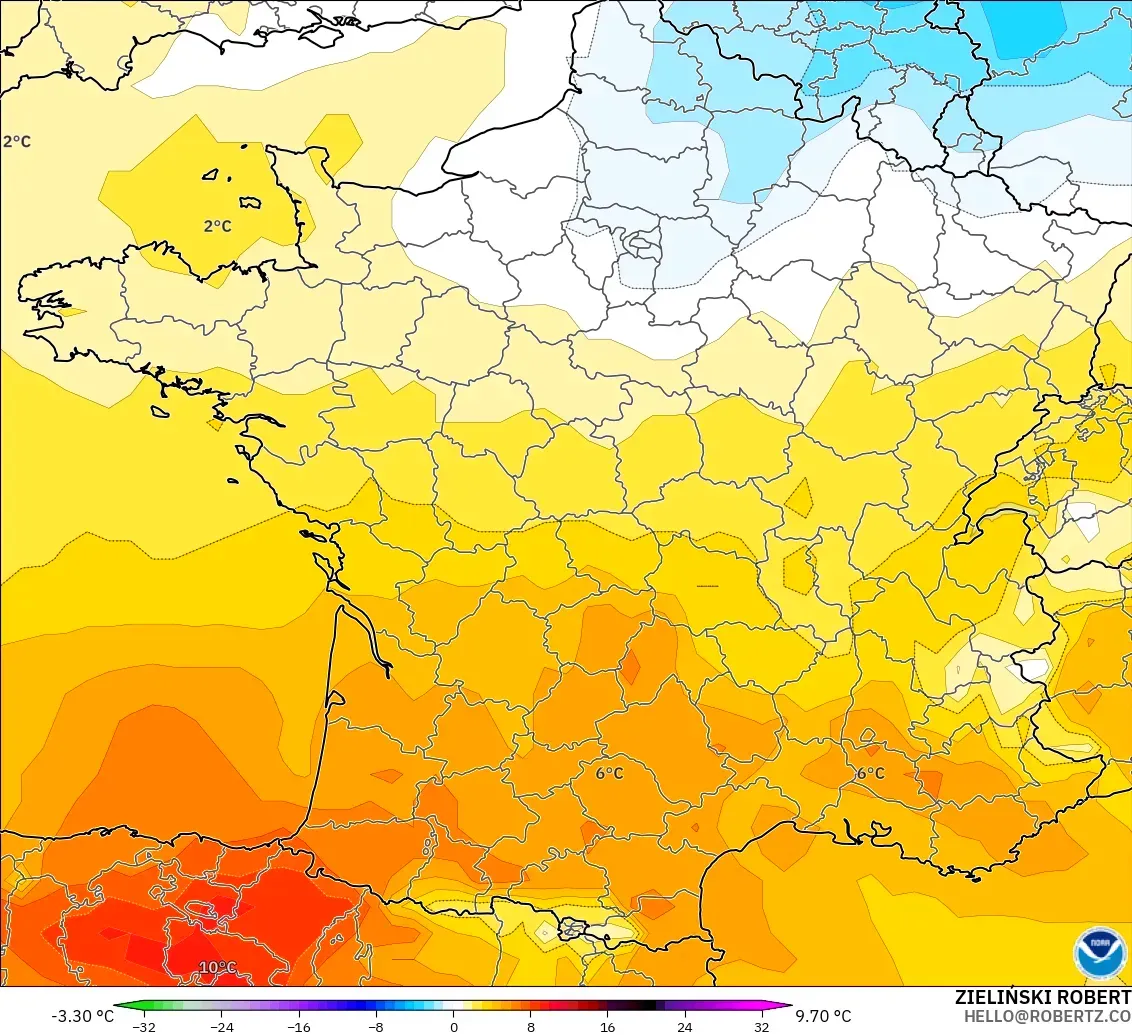 GFS modelo - France, Temperature at 850hPa Anomaly