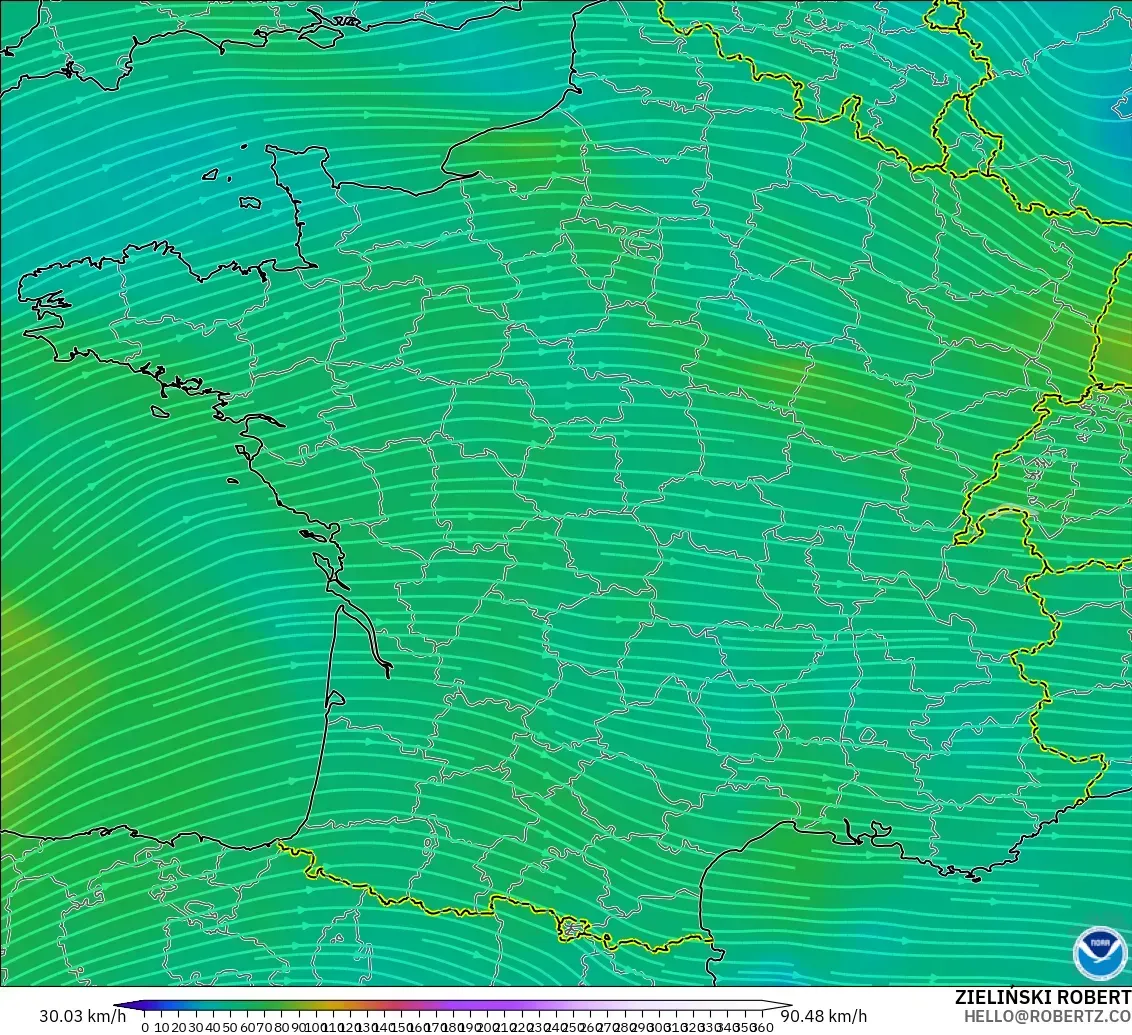 GFS modelo - France, Wind at 300hPa (jet stream)