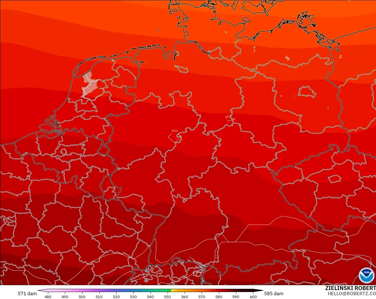 GFS modelo - Germany, Geopotential height at 500hPa