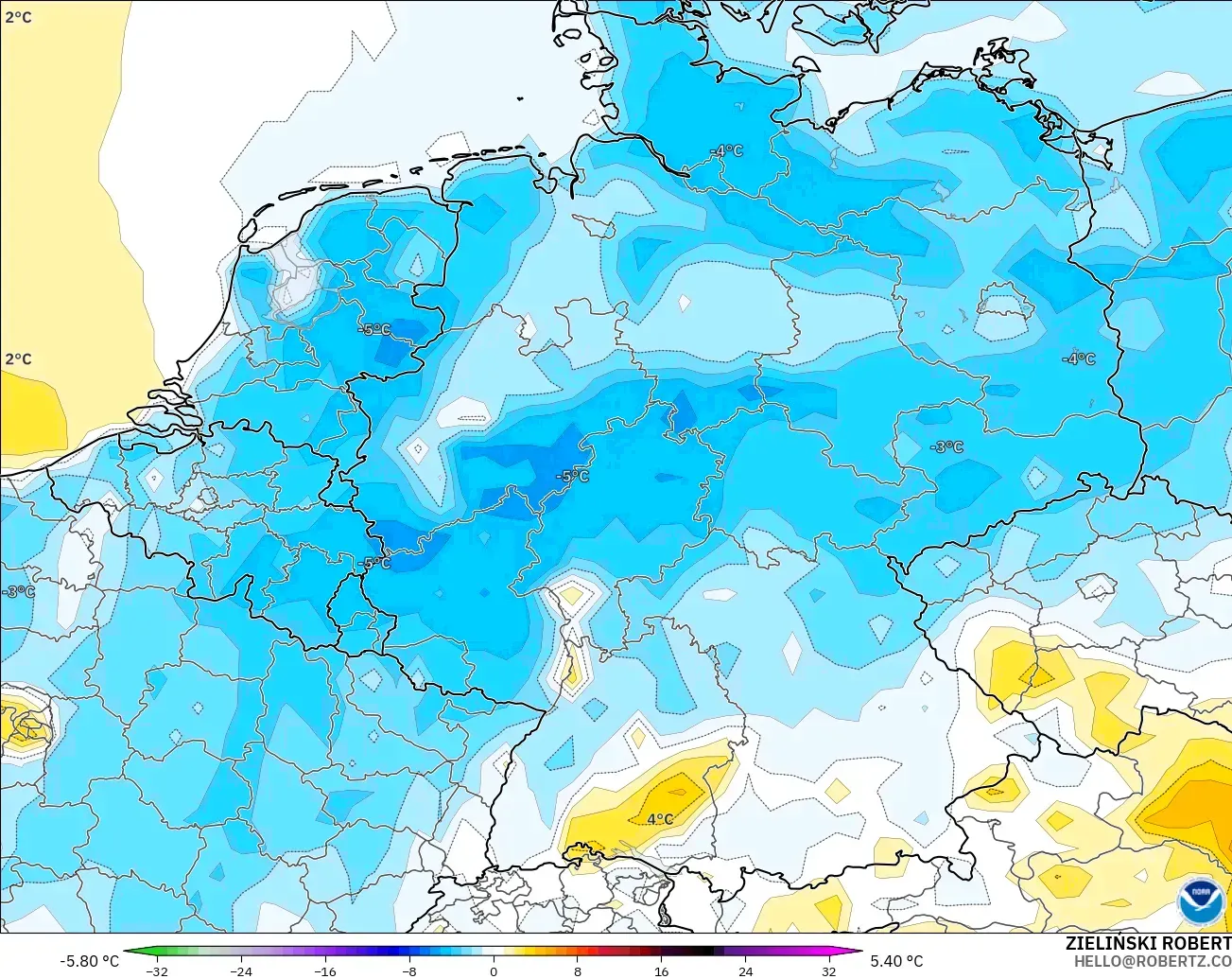 GFS modelo - Germany, Temperature at 2m Anomaly