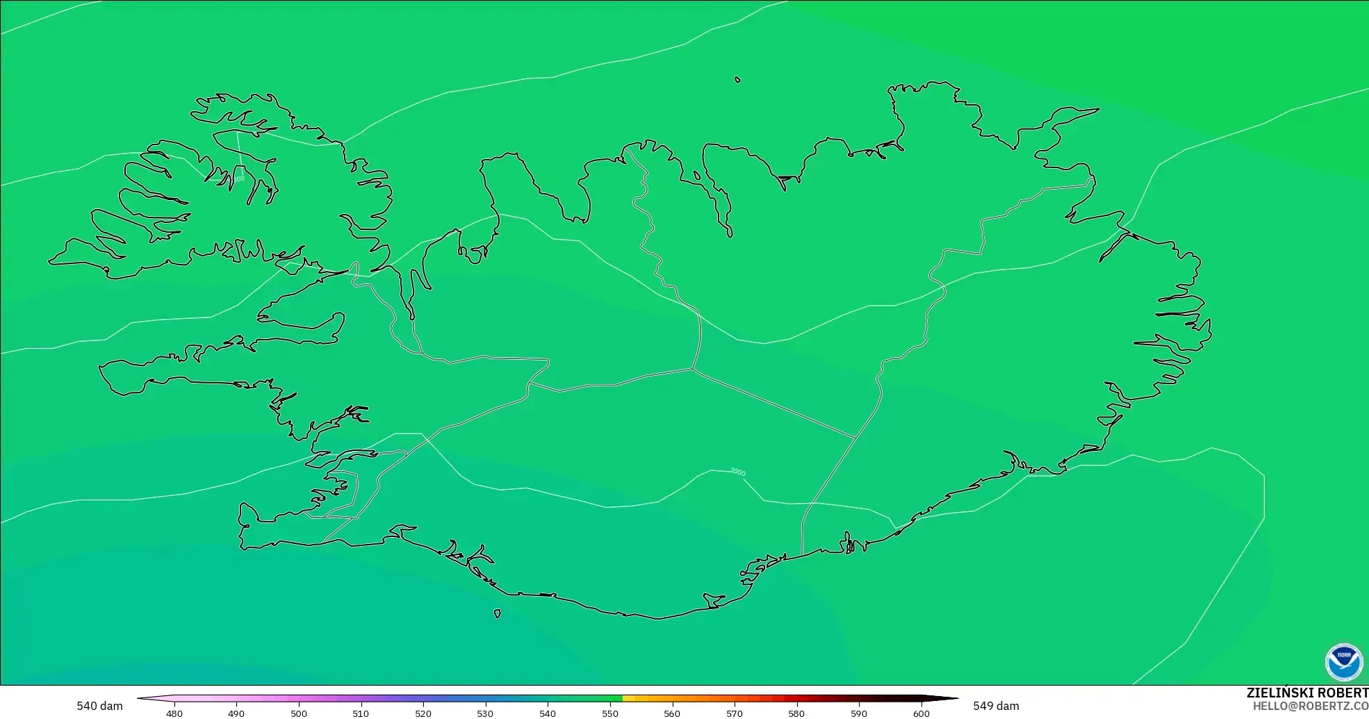 GFS modelo - Iceland, Geopotential height at 500hPa