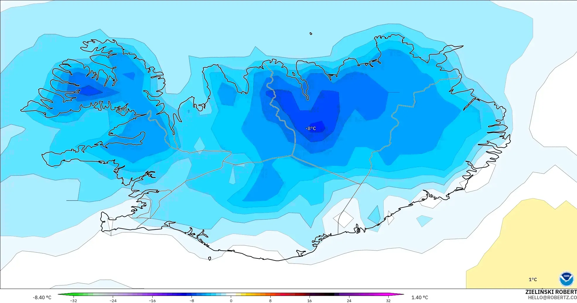GFS modelo - Iceland, Temperature at 2m Anomaly