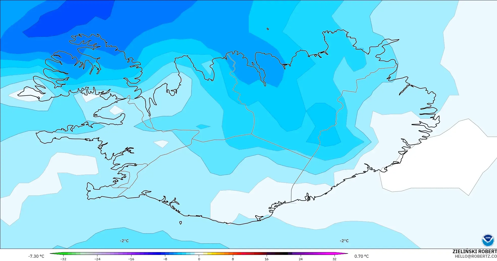 GFS modelo - Iceland, Temperature at 850hPa Anomaly