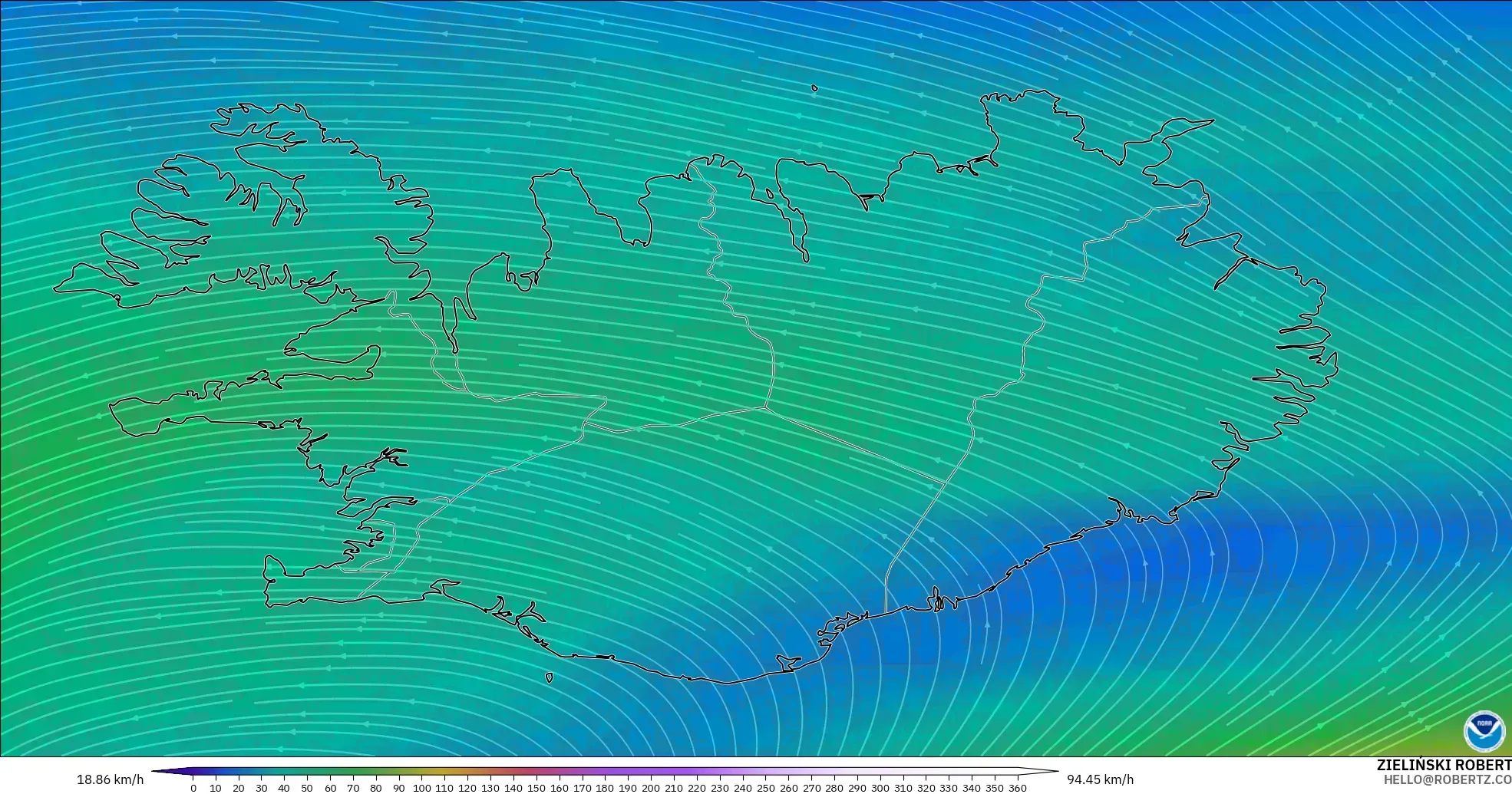 GFS modelo - Iceland, Wind at 300hPa (jet stream)