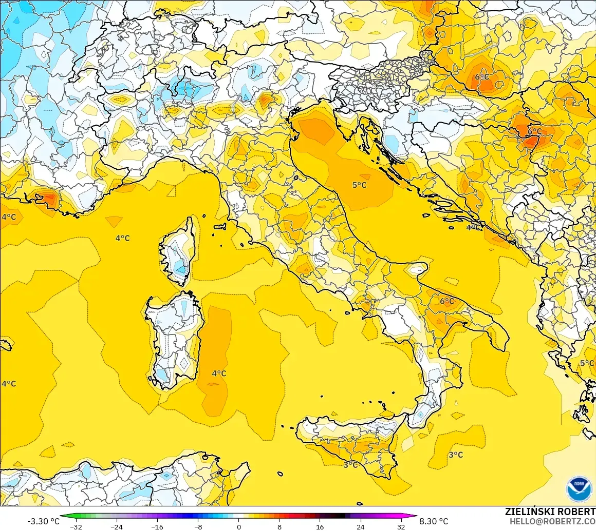 GFS modelo - Italy, Temperature at 2m Anomaly