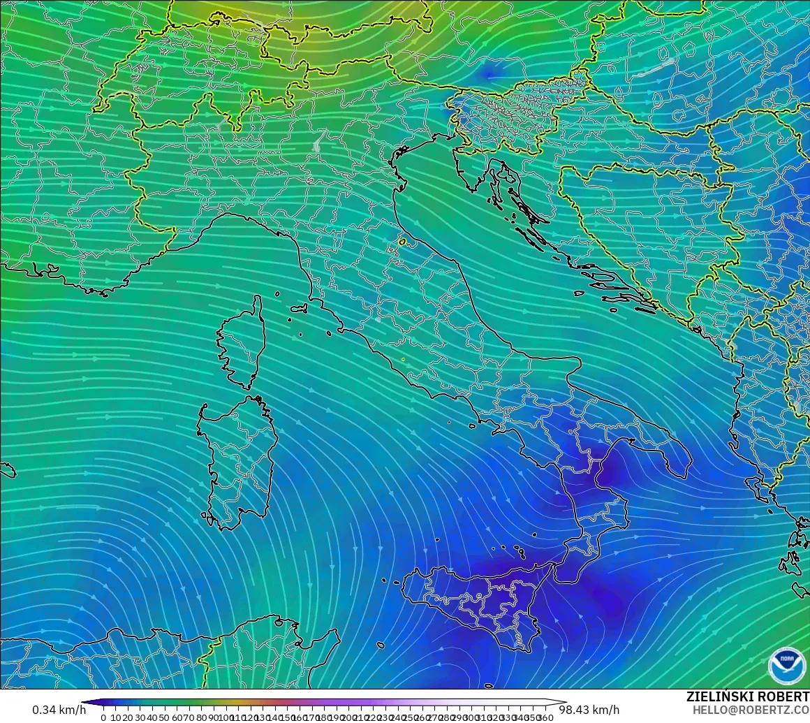 GFS modelo - Italy, Wind at 300hPa (jet stream)