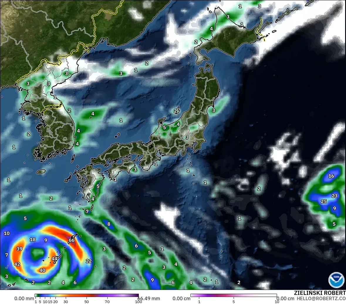 GFS modelo - Japan, Precipitation, Clouds, and Pressure