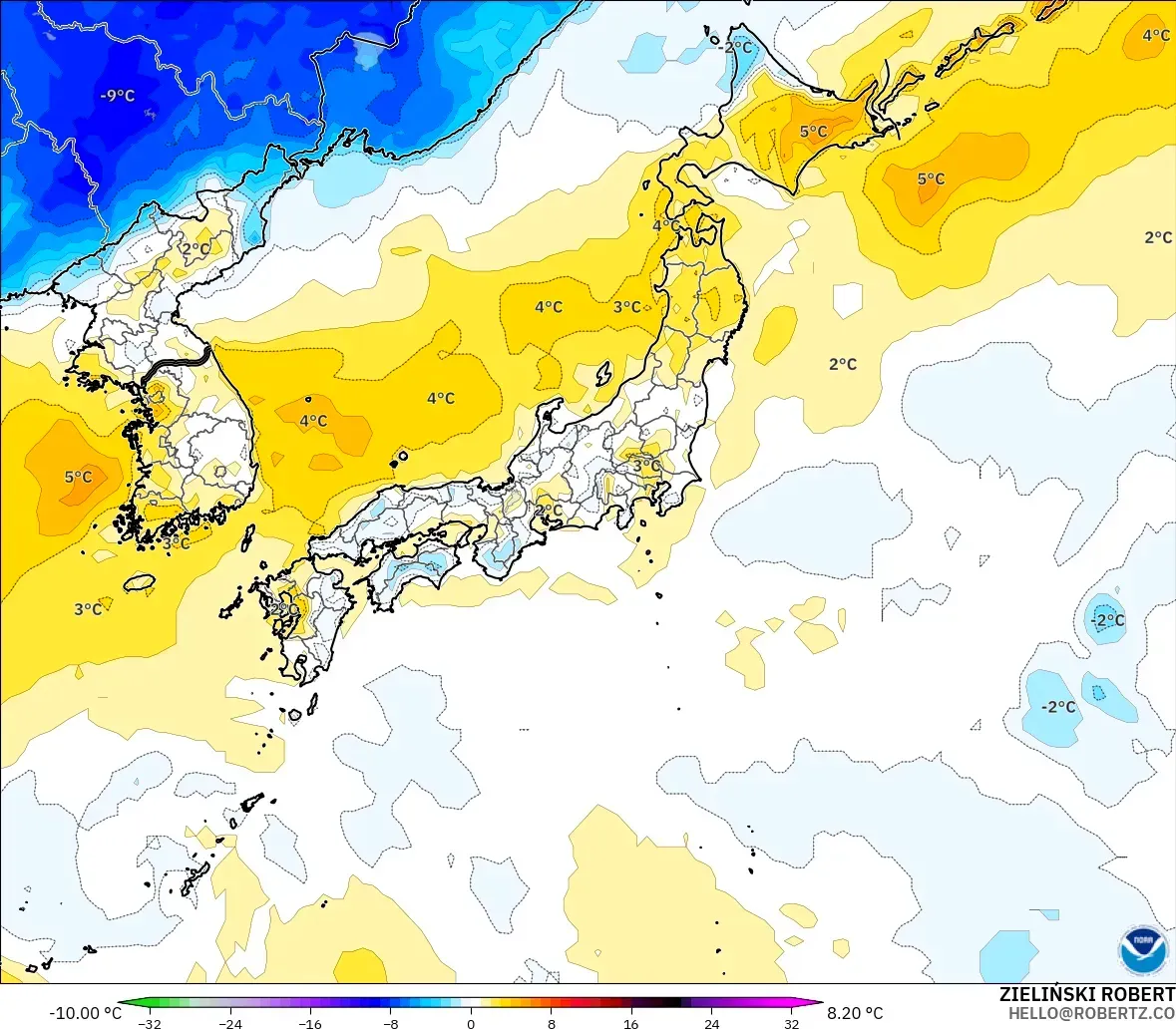 GFS modelo - Japan, Temperature at 2m Anomaly