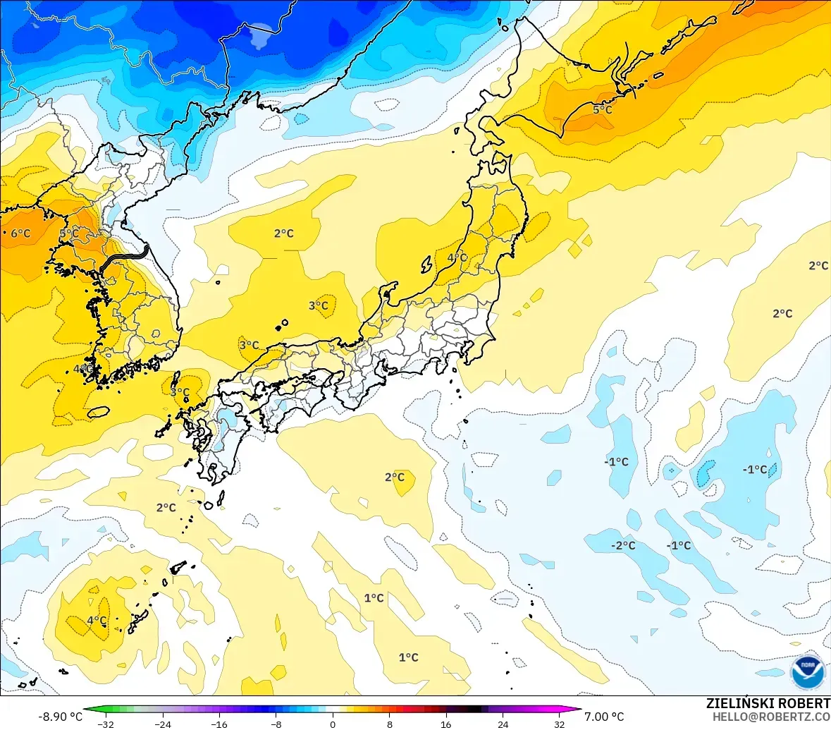 GFS modelo - Japan, Temperature at 850hPa Anomaly