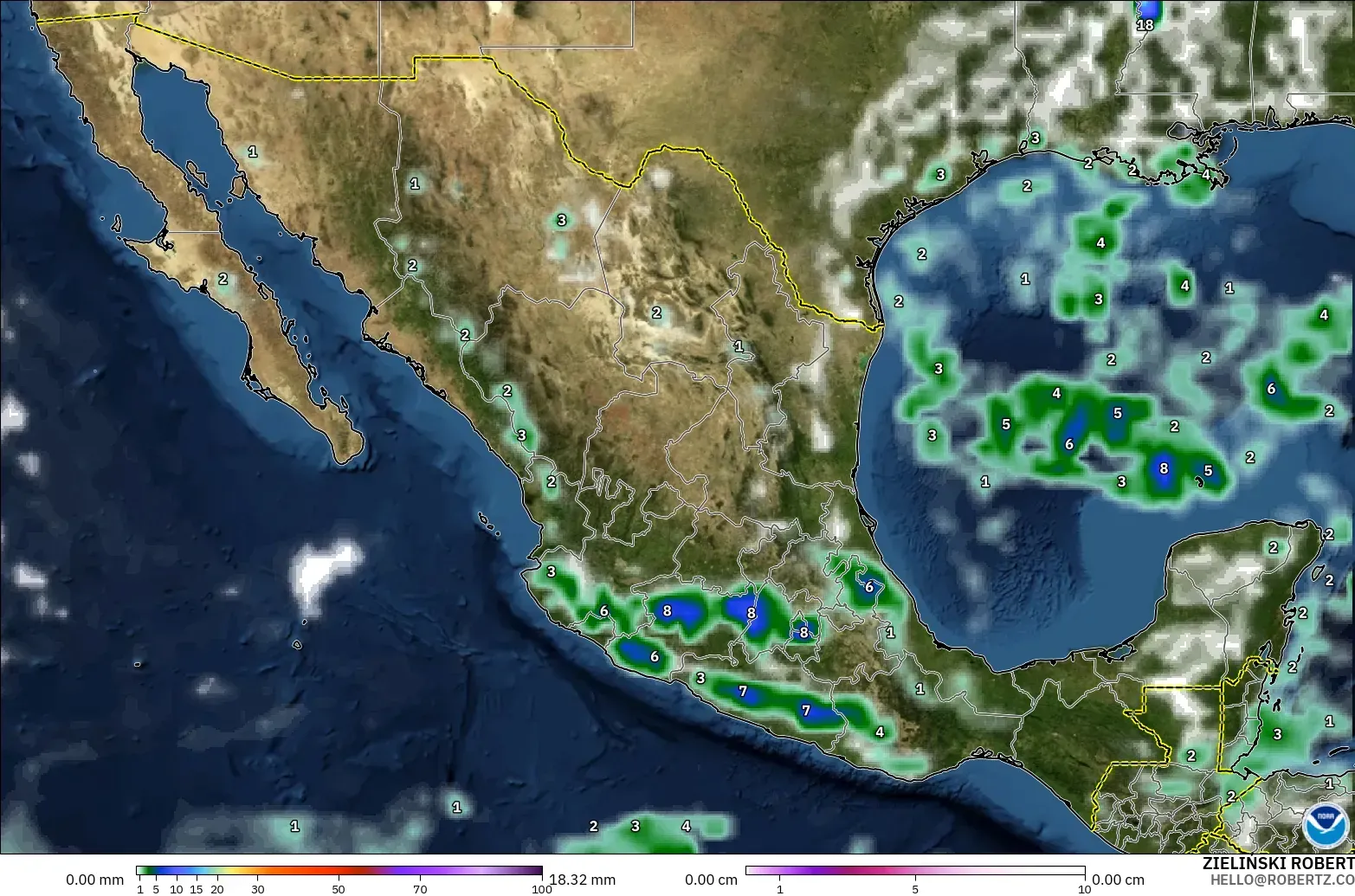 GFS modelo - Mexico, Precipitation, Clouds, and Pressure