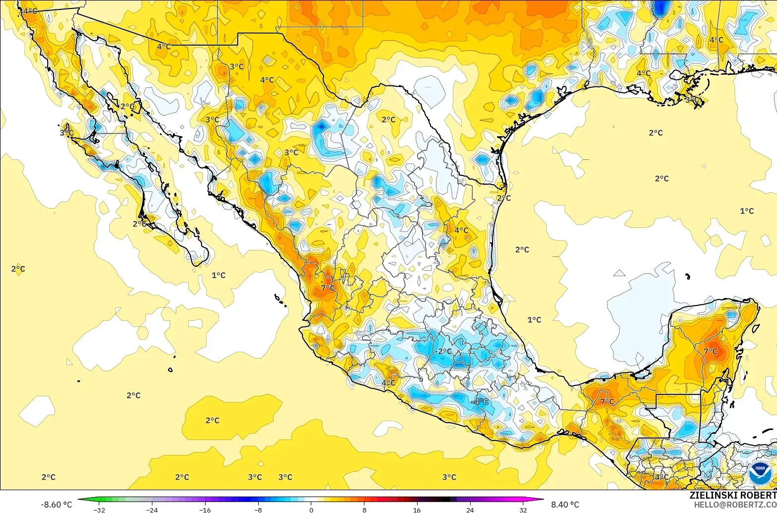 GFS modelo - Mexico, Temperature at 2m Anomaly