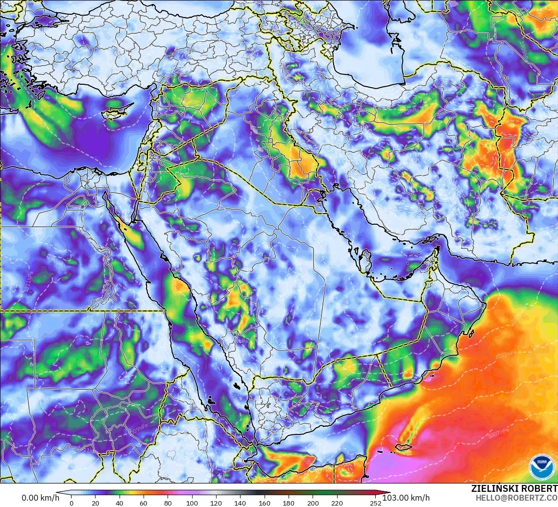 GFS modelo - Middle East, Wind Gusts Peak