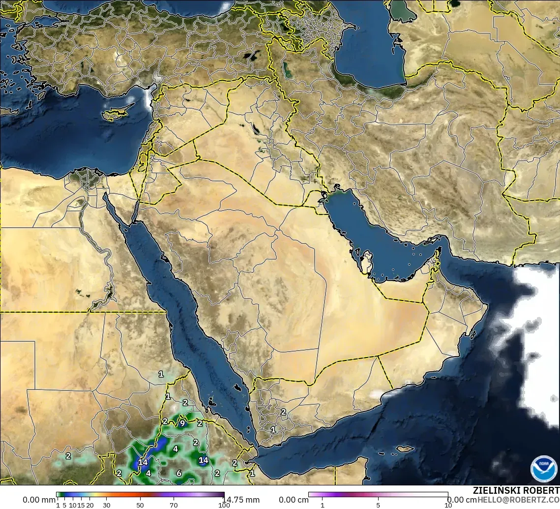 GFS modelo - Middle East, Precipitation, Clouds, and Pressure