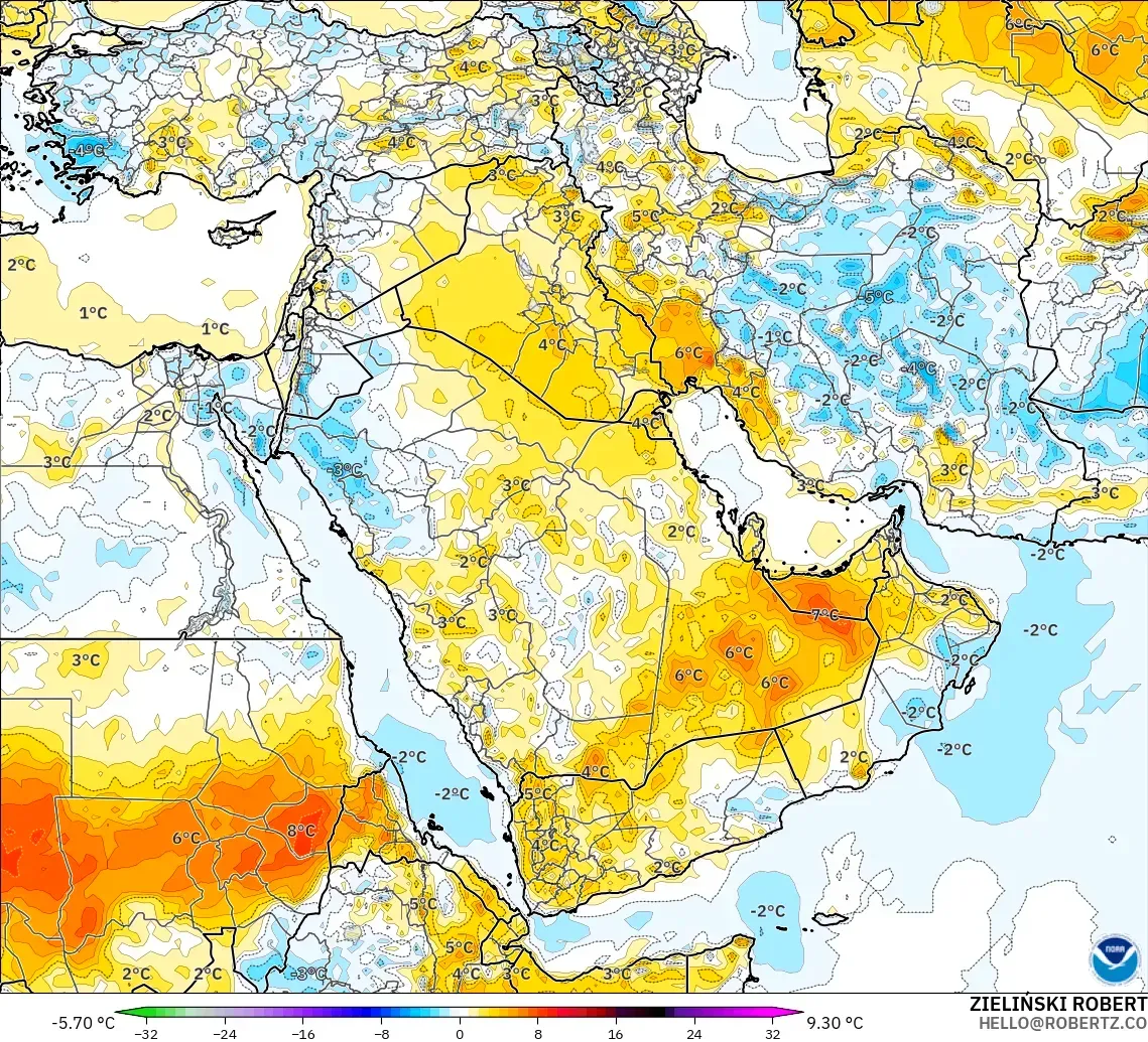 GFS modelo - Middle East, Temperature at 2m Anomaly