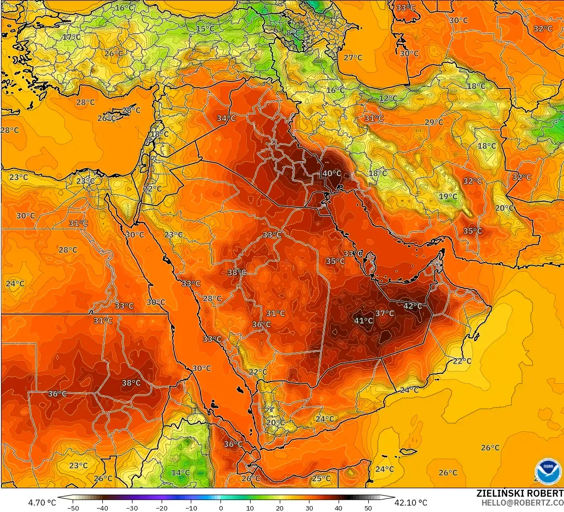 GFS modelo - Middle East, Temperature at 2m