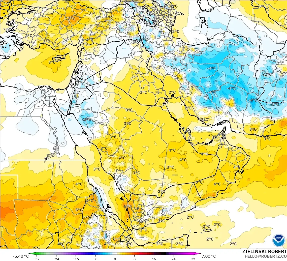 GFS modelo - Middle East, Temperature at 850hPa Anomaly