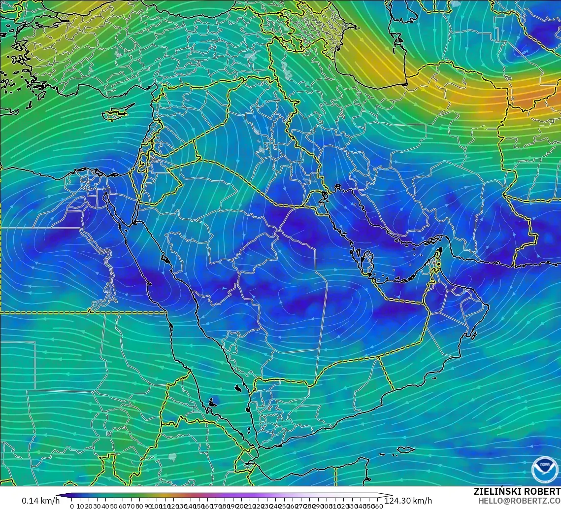 GFS modelo - Middle East, Wind at 300hPa (jet stream)