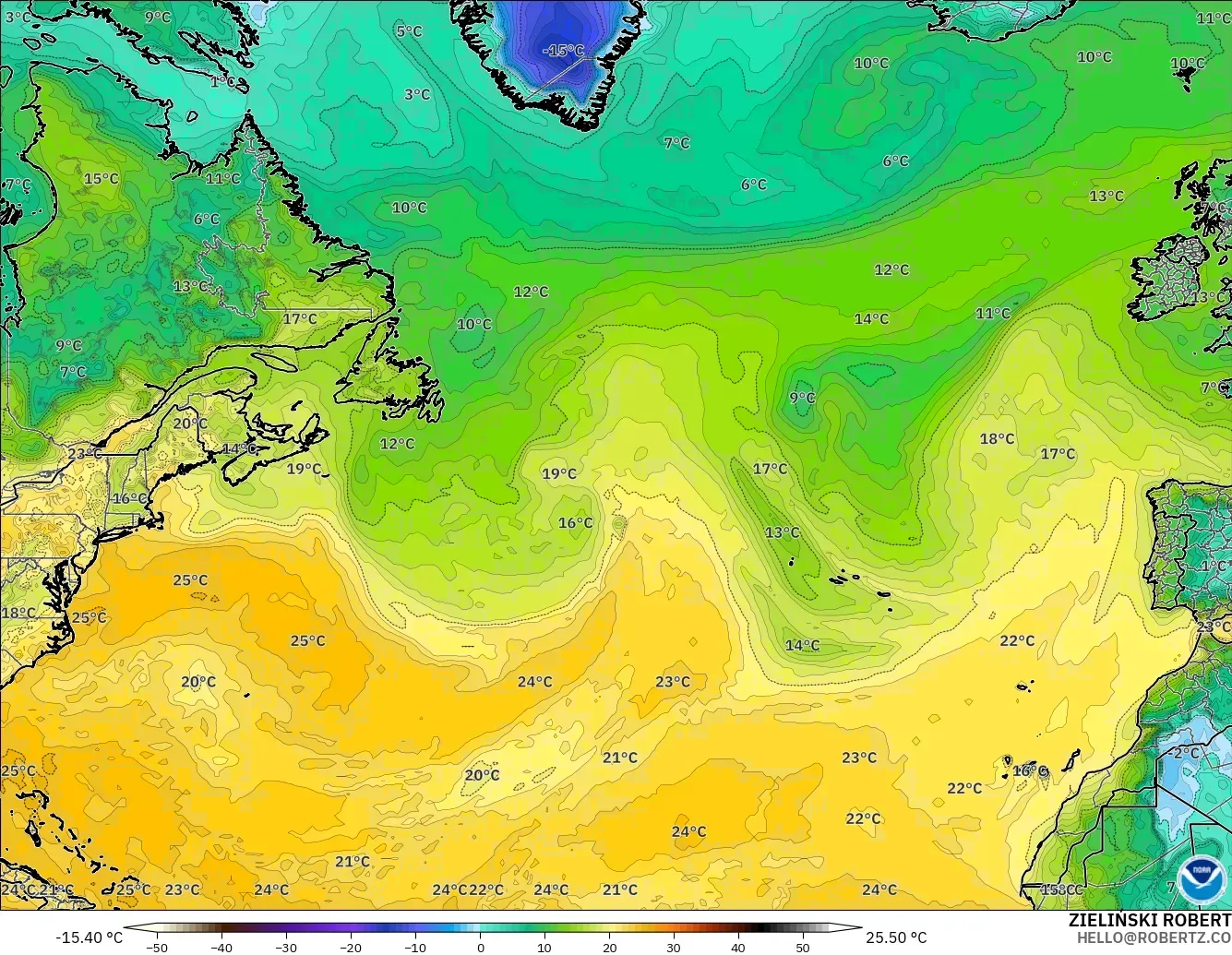 GFS modelo - North Atlantic, Dewpoint at 2m