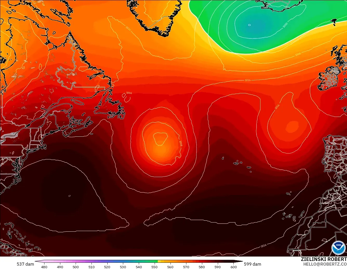 GFS modelo - North Atlantic, Geopotential height at 500hPa