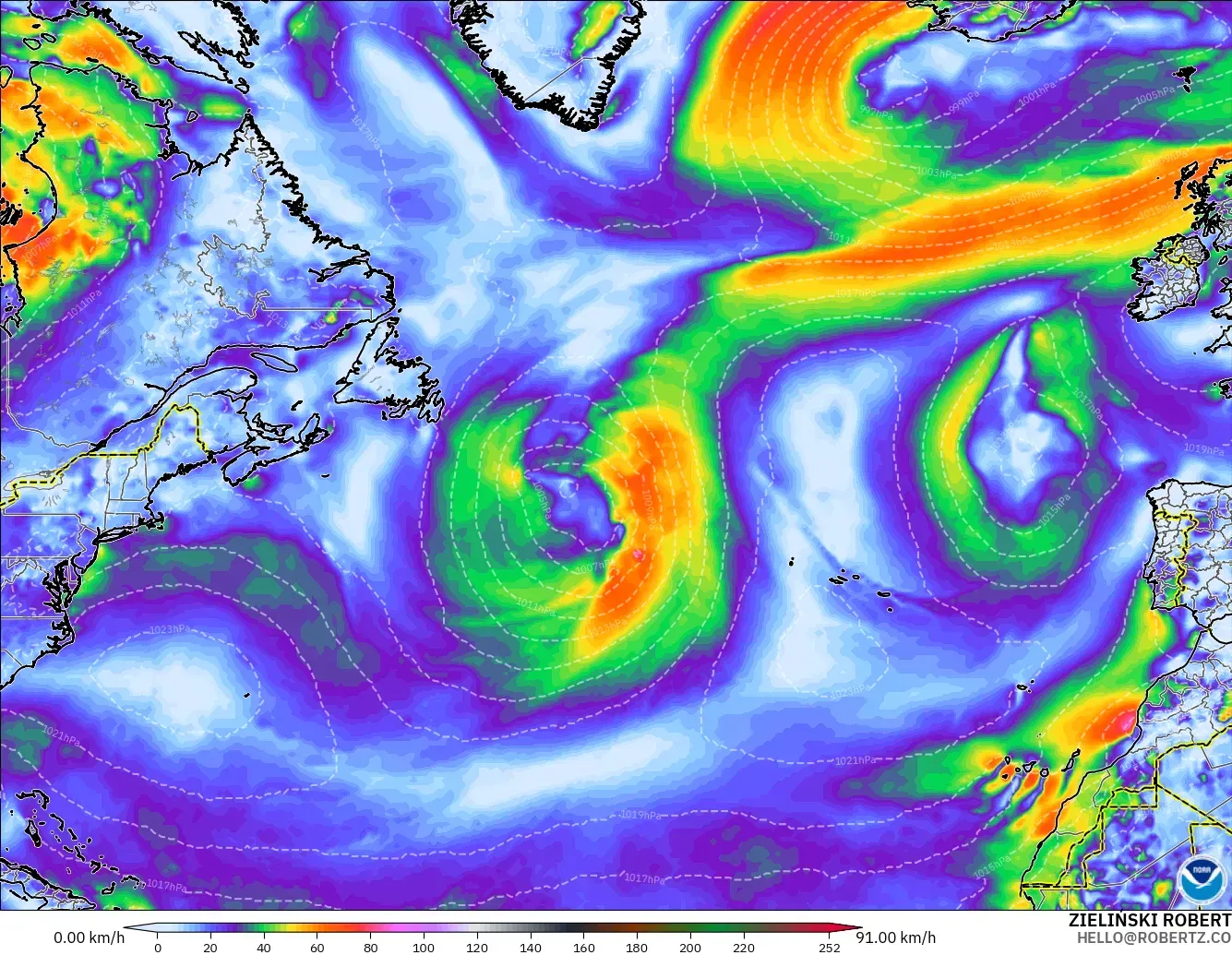 GFS modelo - North Atlantic, Wind Gusts