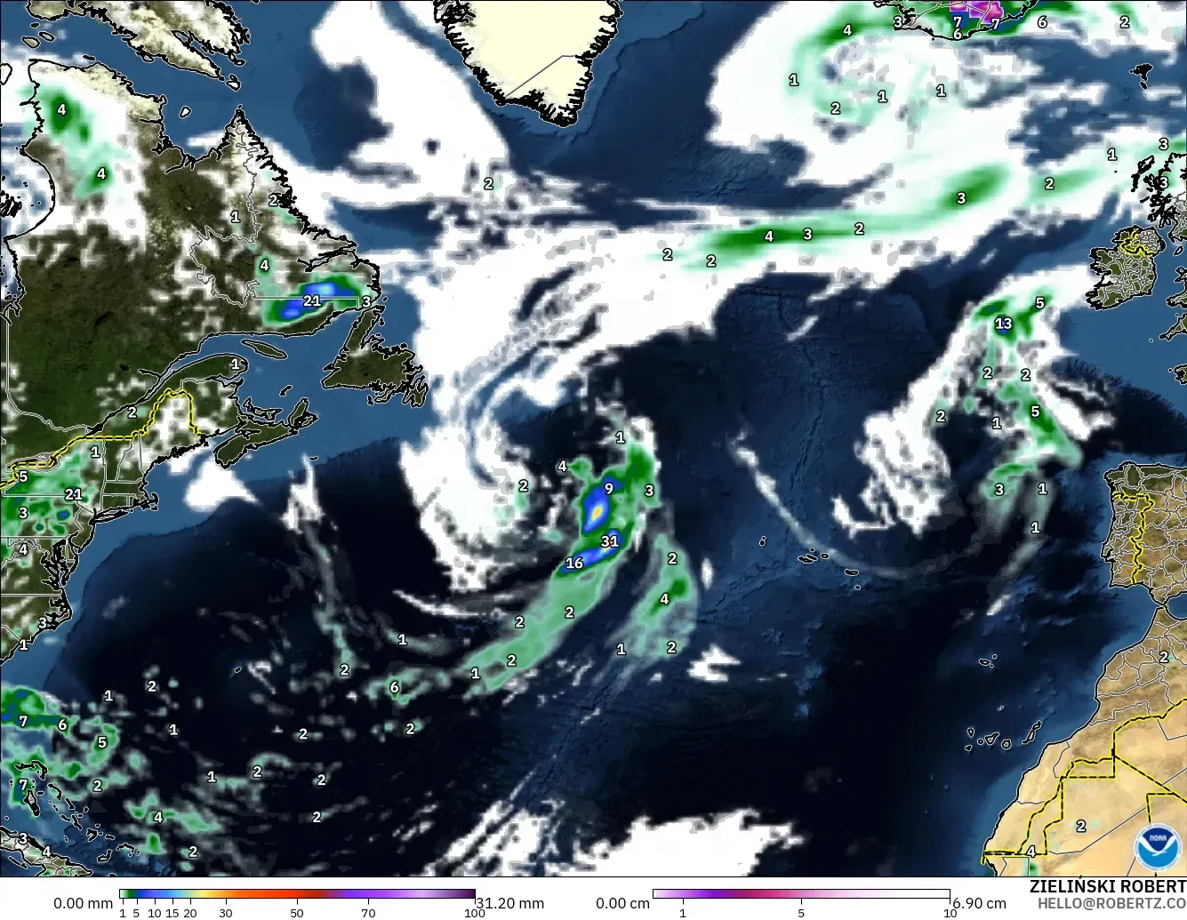 GFS modelo - North Atlantic, Precipitation, Clouds, and Pressure