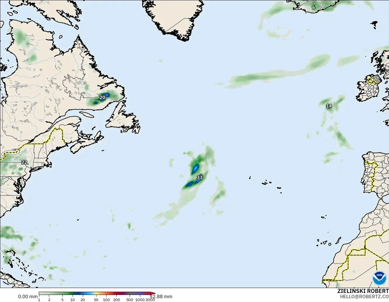 GFS modelo - North Atlantic, Precipitation Accumulation
