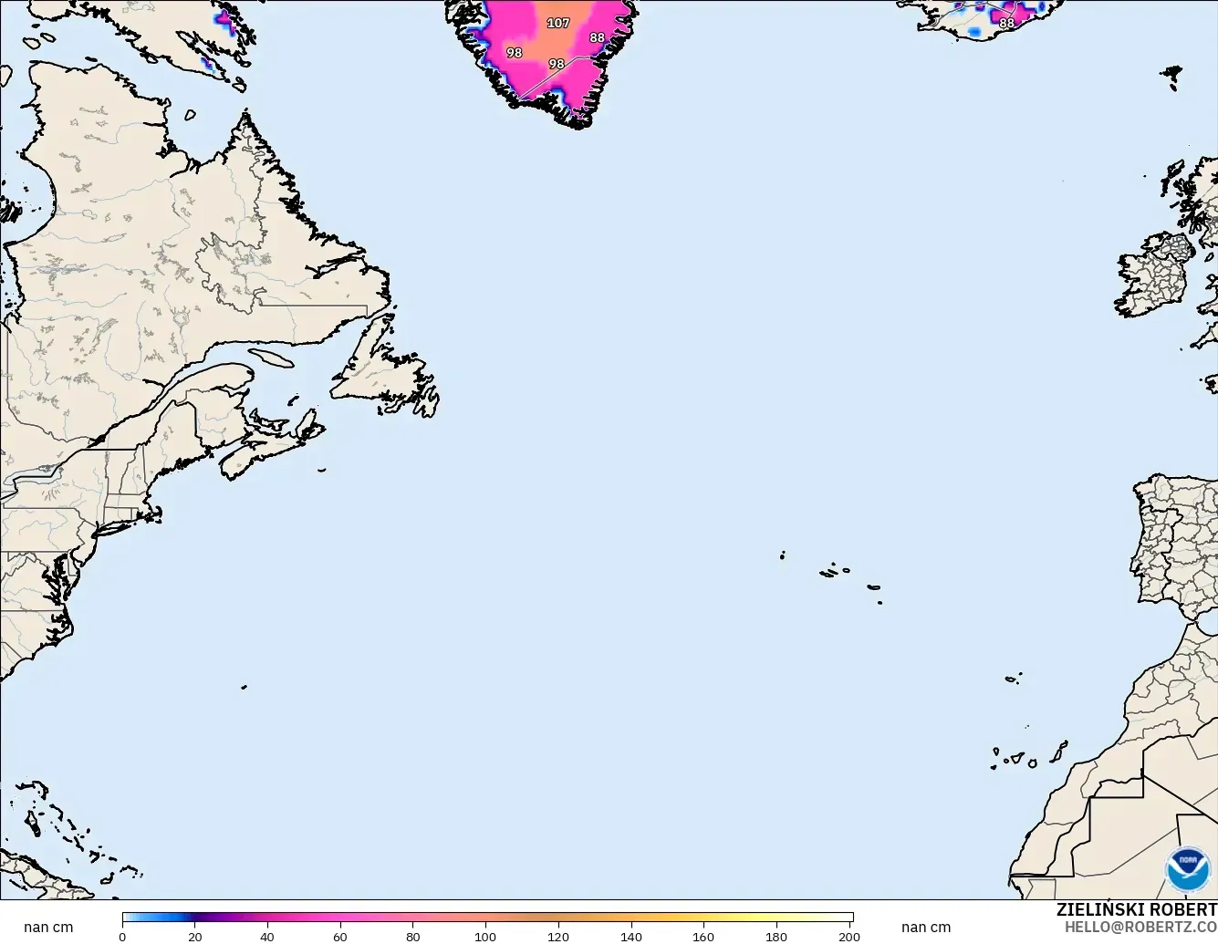 GFS modelo - North Atlantic, Snow Depth