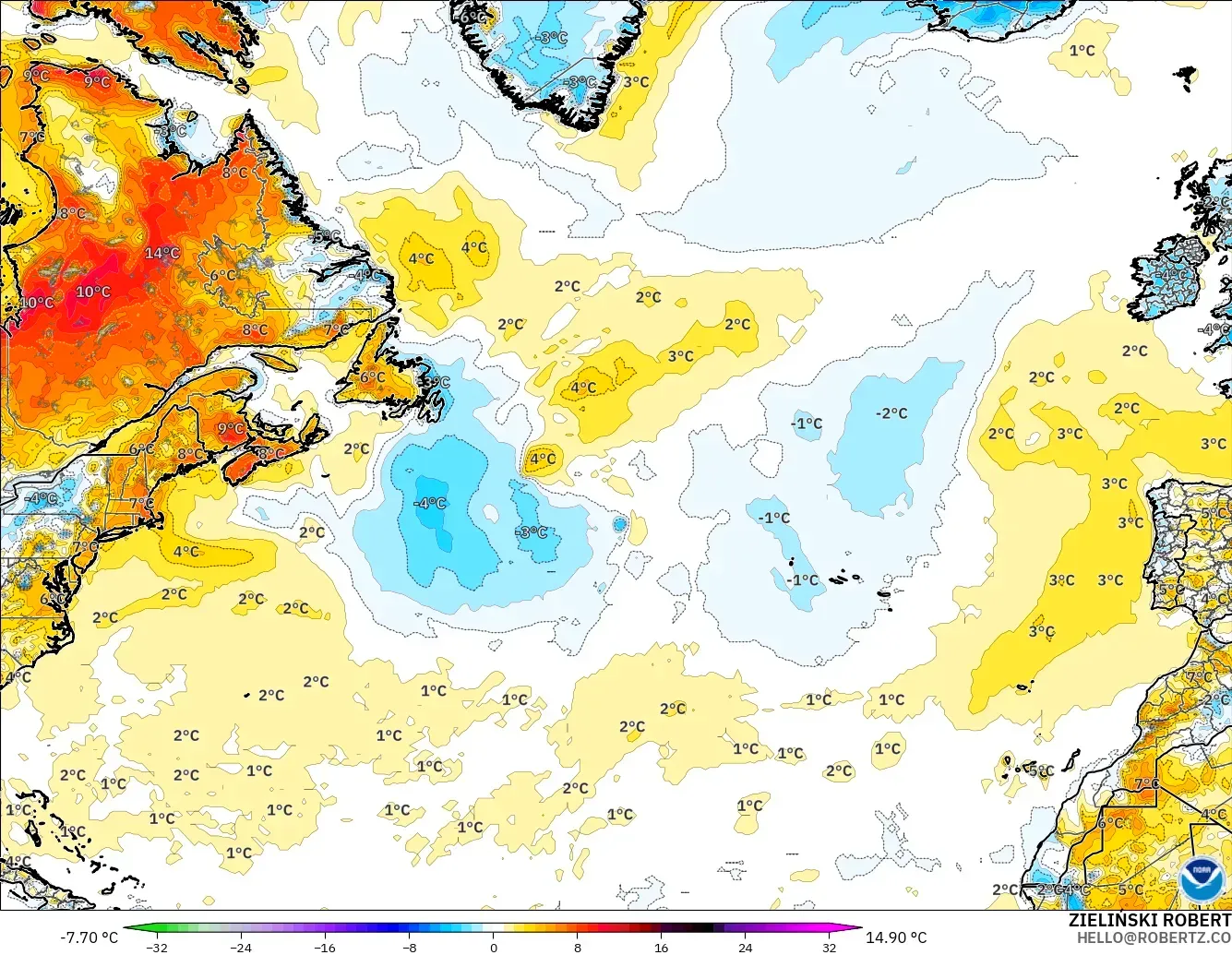 GFS modelo - North Atlantic, Temperature at 2m Anomaly