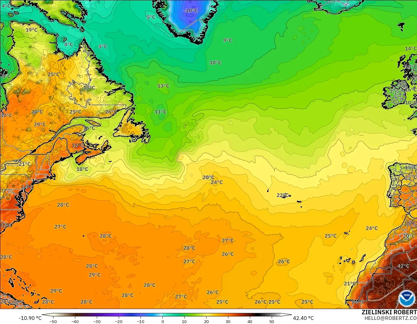 GFS modelo - North Atlantic, Temperature at 2m