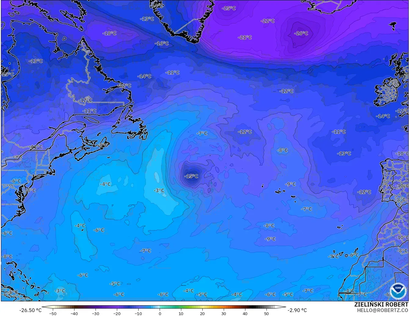 GFS modelo - North Atlantic, Temperature at 500hPa