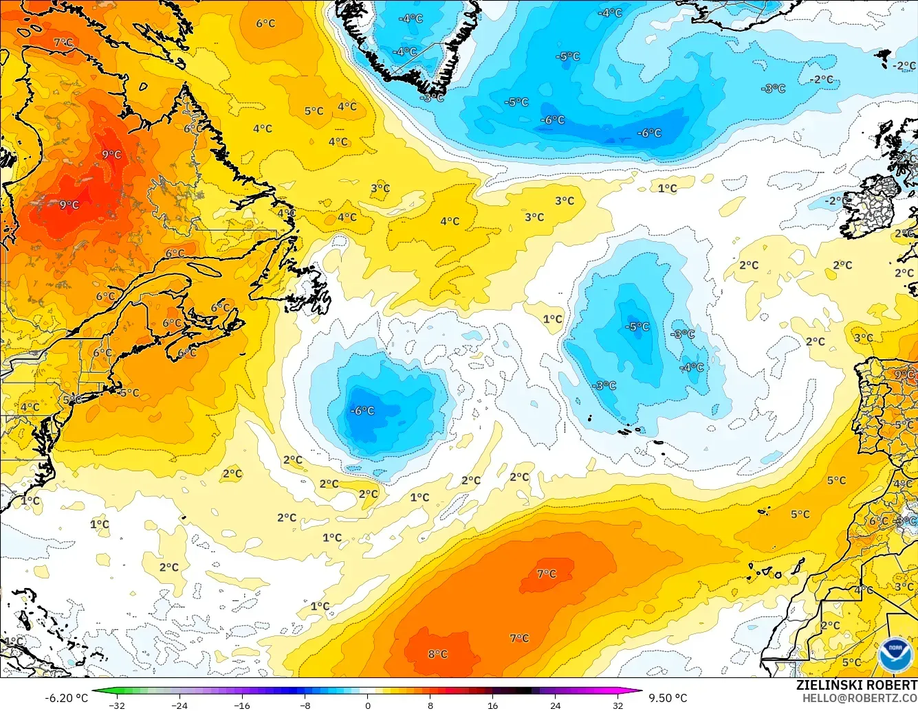 GFS modelo - North Atlantic, Temperature at 850hPa Anomaly