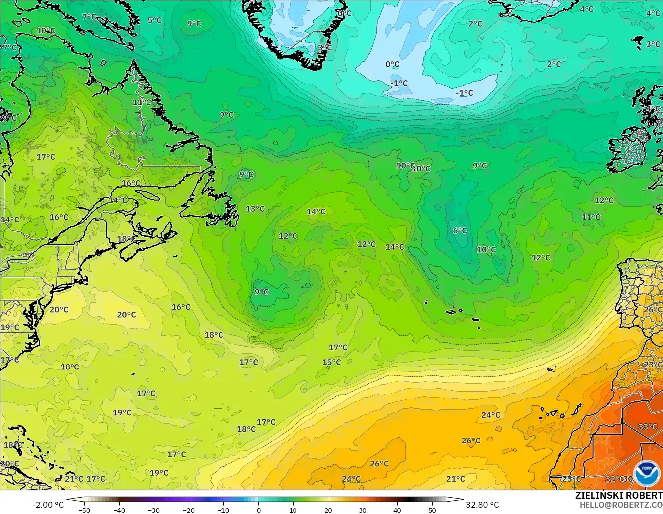 GFS modelo - North Atlantic, Temperature at 850hPa