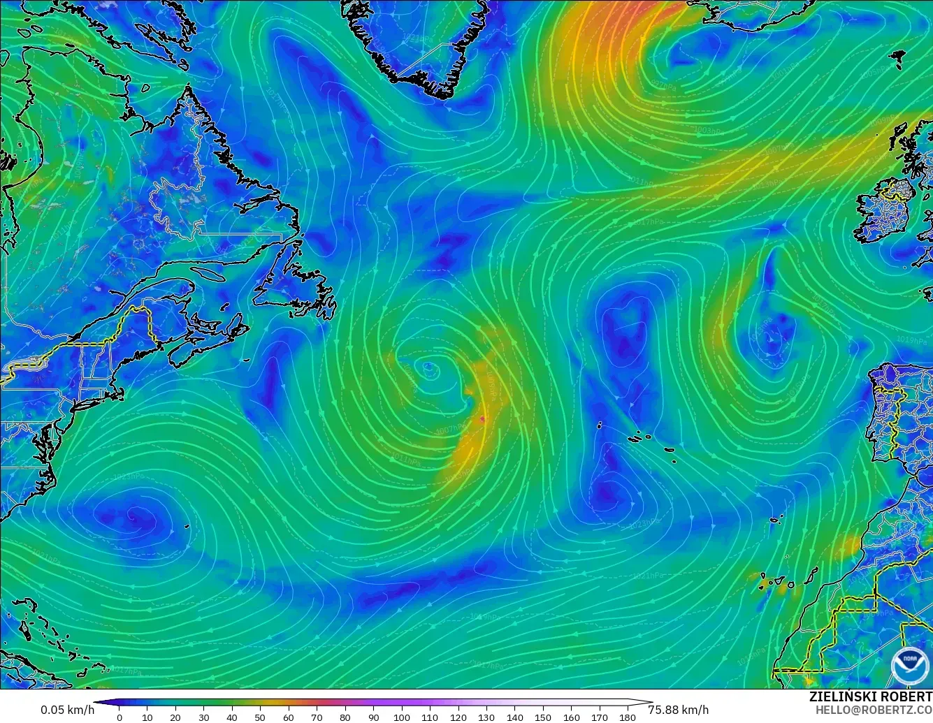 GFS modelo - North Atlantic, Wind at 10m