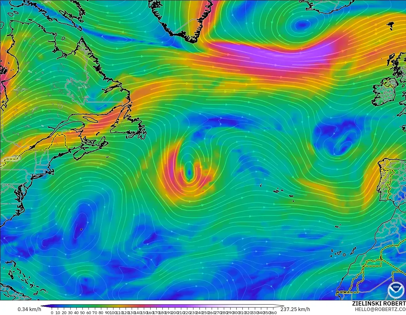 GFS modelo - North Atlantic, Wind at 300hPa (jet stream)