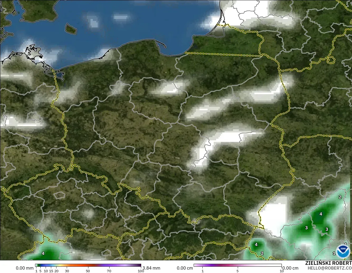 GFS modelo - Poland, Precipitation, Clouds, and Pressure
