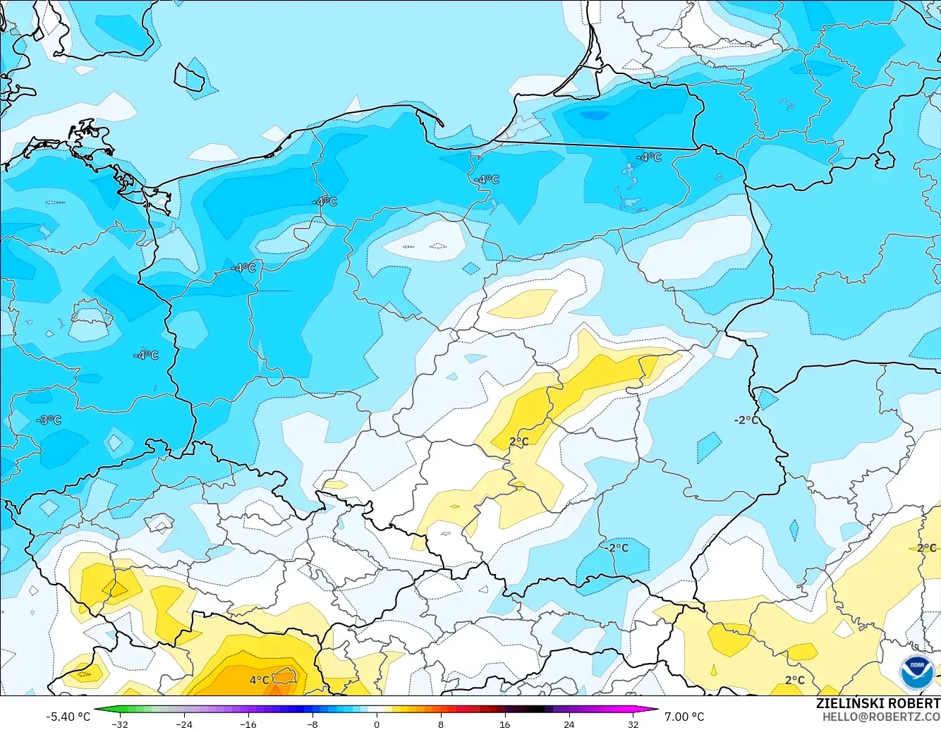 GFS modelo - Poland, Temperature at 2m Anomaly
