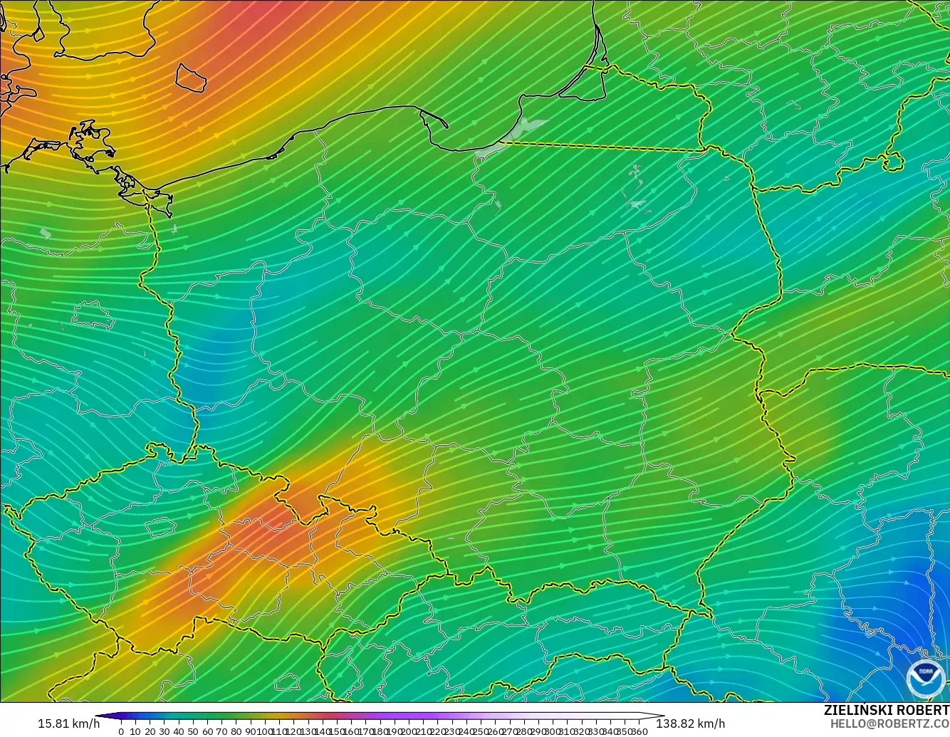 GFS modelo - Poland, Wind at 300hPa (jet stream)