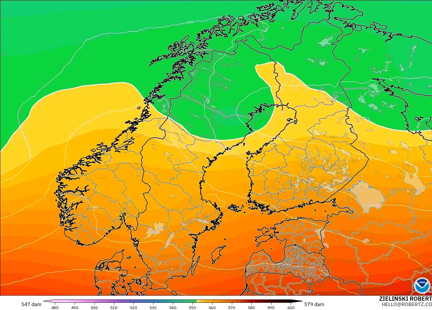 GFS modelo - Scandinavia, Geopotential height at 500hPa