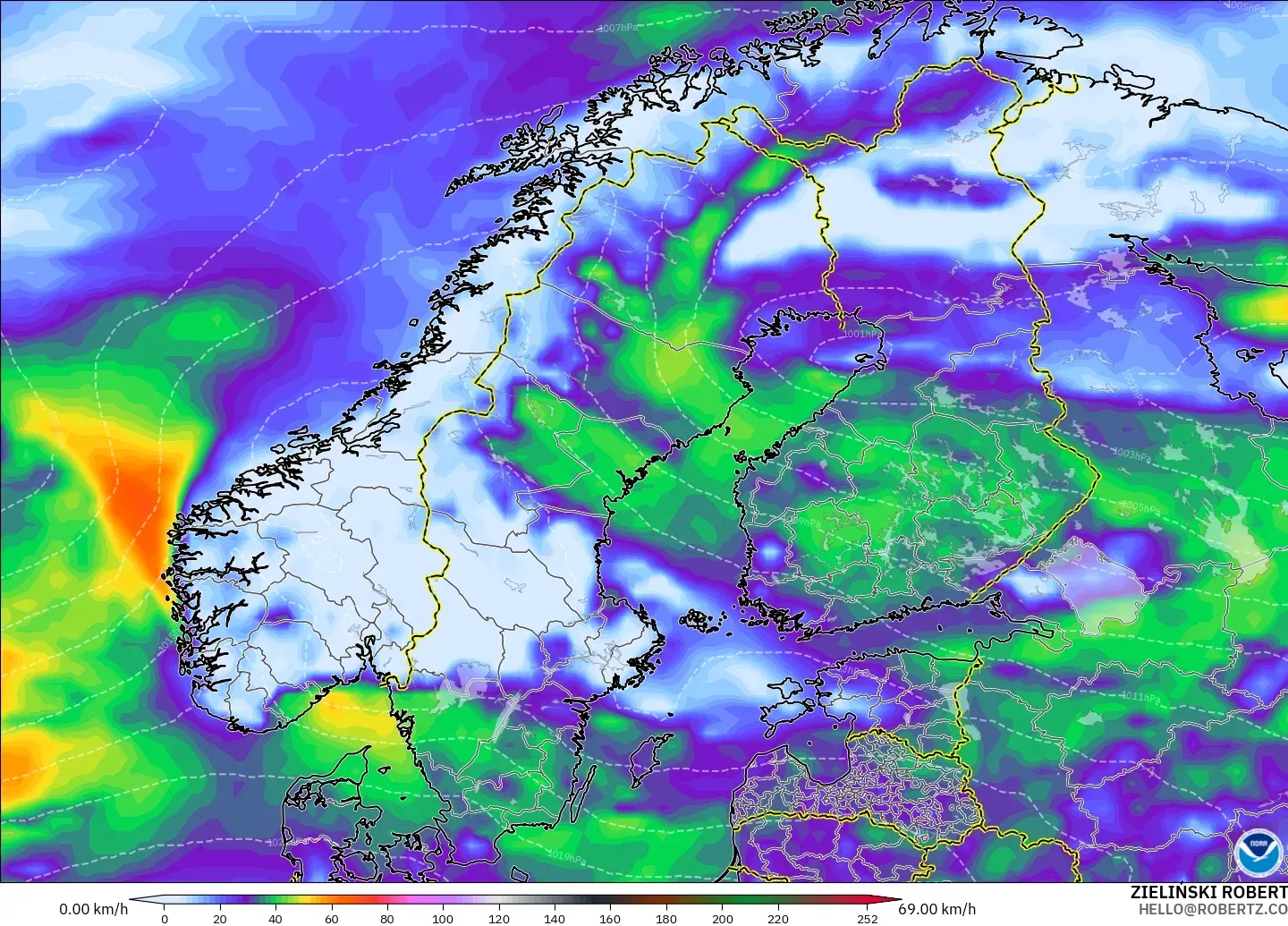 GFS modelo - Scandinavia, Wind Gusts Peak