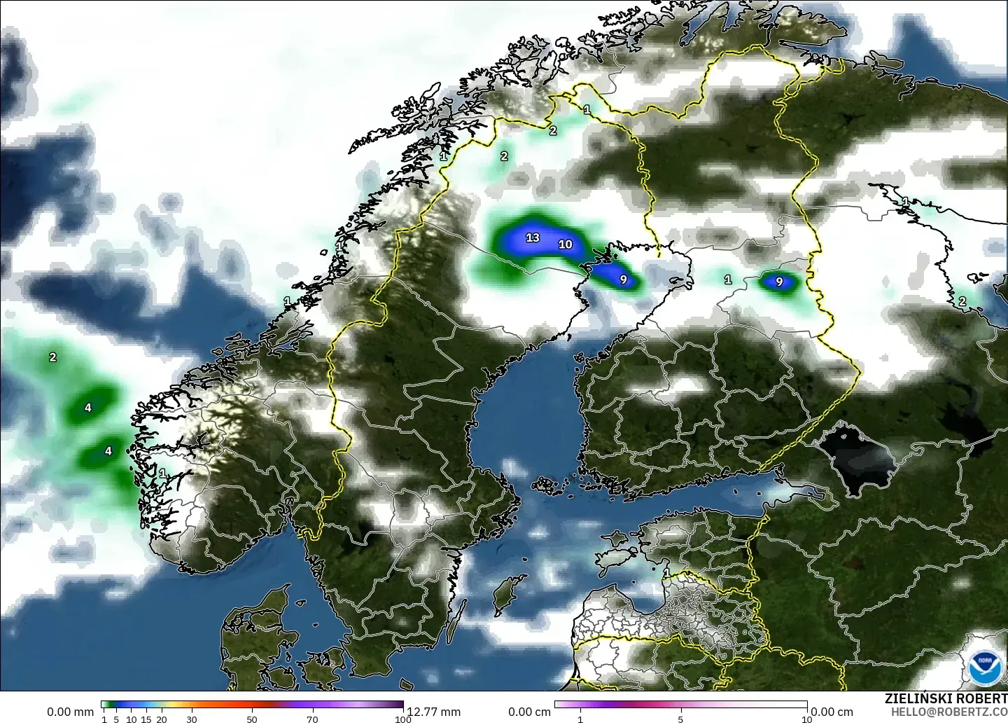GFS modelo - Scandinavia, Precipitation, Clouds, and Pressure