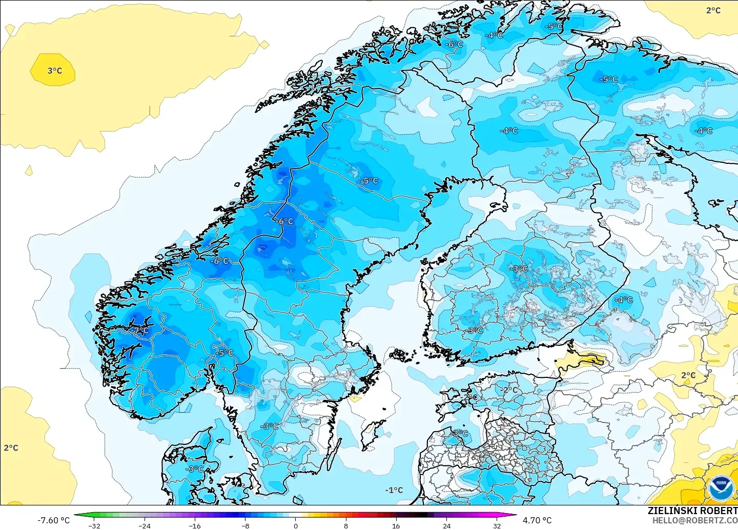 GFS modelo - Scandinavia, Temperature at 2m Anomaly