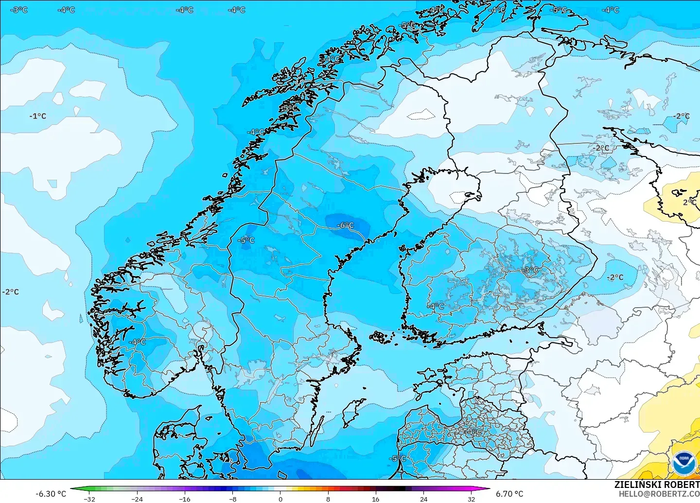 GFS modelo - Scandinavia, Temperature at 850hPa Anomaly